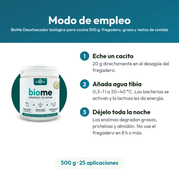 BioMe Desatascador biológico para cocina 500 g: fregadero, grasa y restos de comida