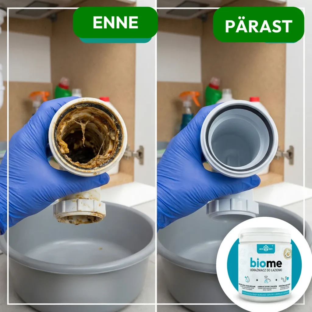 Enne ja pärast: BioMe bioloogiline vannitoa äravoolu puhastaja 500 g