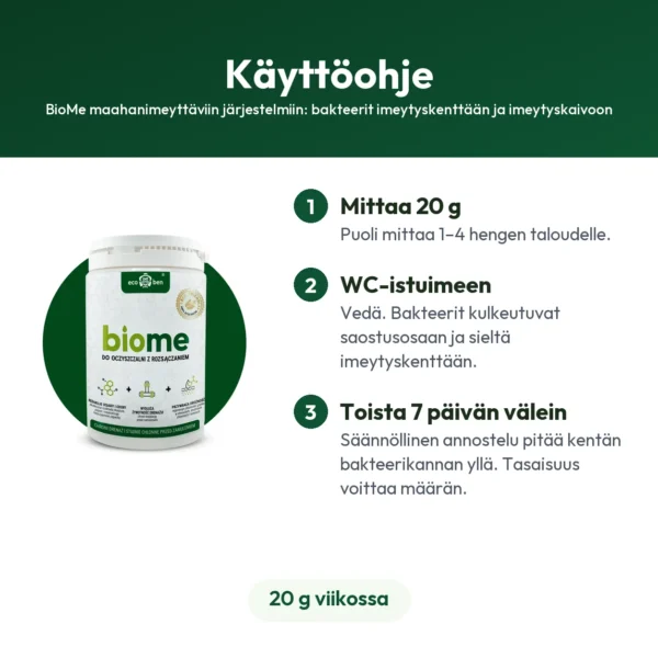BioMe maahanimeyttäviin järjestelmiin: bakteerit imeytyskenttään ja imeytyskaivoon