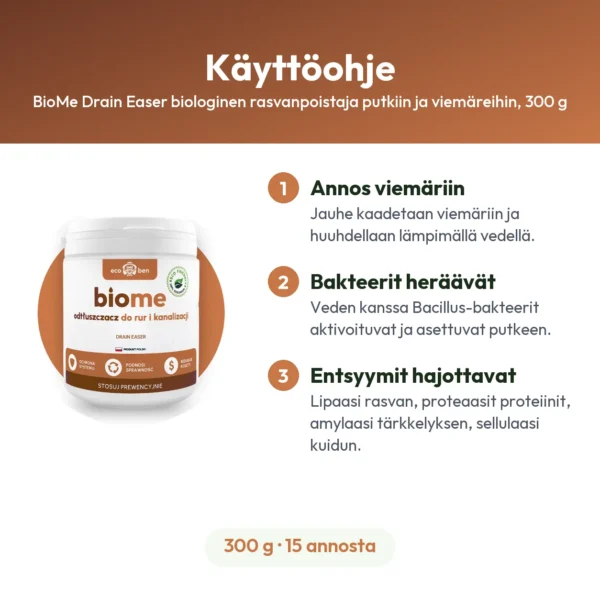 BioMe Drain Easer biologinen rasvanpoistaja putkiin ja viemäreihin, 300 g