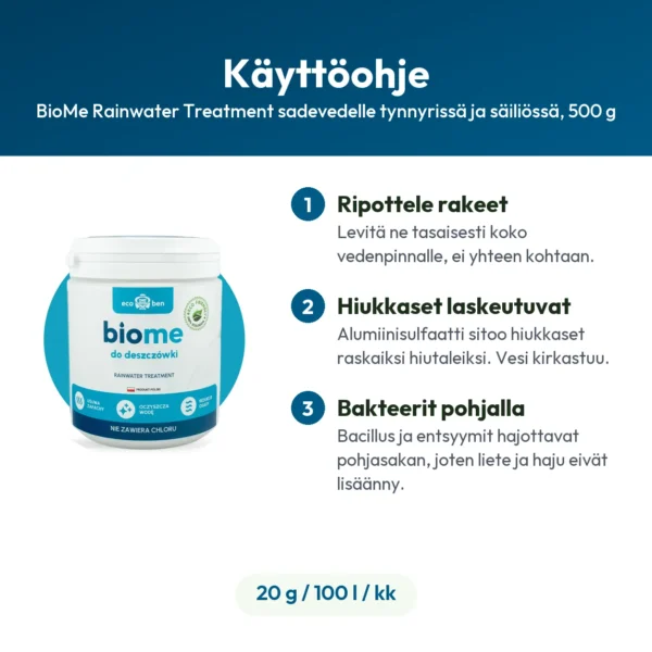 BioMe Rainwater Treatment sadevedelle tynnyrissä ja säiliössä, 500 g