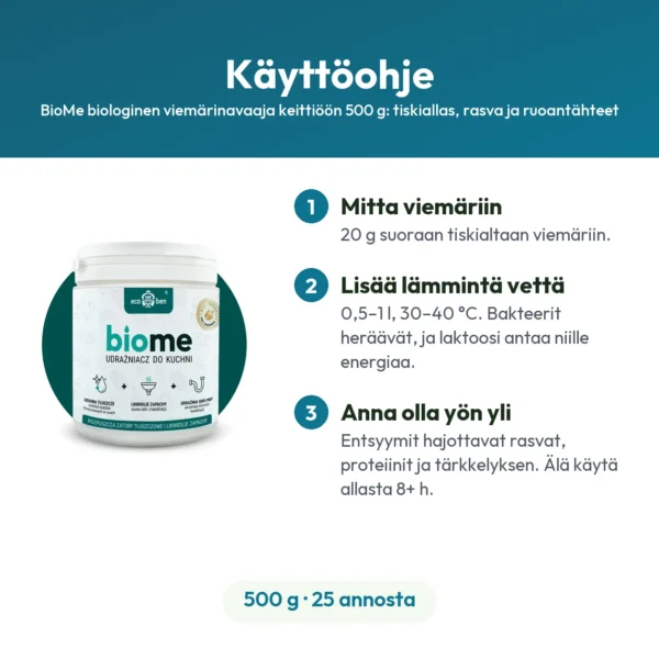 BioMe biologinen viemärinavaaja keittiöön 500 g: tiskiallas, rasva ja ruoantähteet