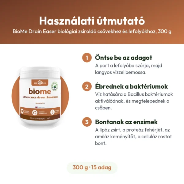 BioMe Drain Easer biológiai zsíroldó csövekhez és lefolyókhoz, 300 g