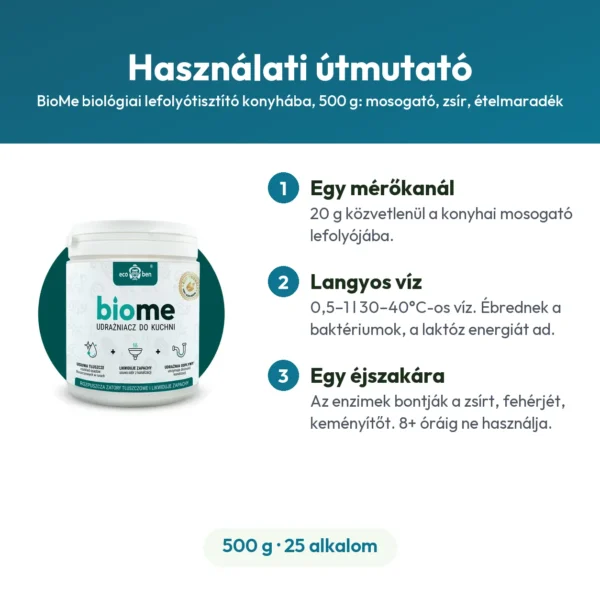BioMe biológiai lefolyótisztító konyhába, 500 g: mosogató, zsír, ételmaradék