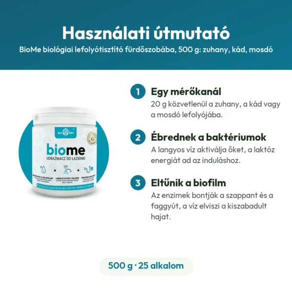 BioMe biológiai lefolyótisztító fürdőszobába, 500 g: zuhany, kád, mosdó