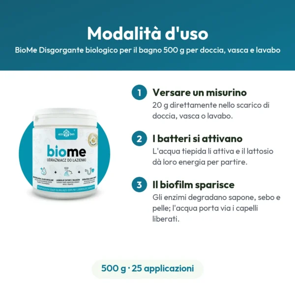 BioMe Disgorgante biologico per il bagno 500 g per doccia, vasca e lavabo