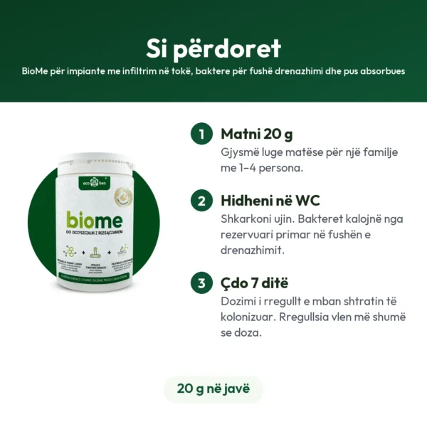 BioMe për impiante me infiltrim në tokë, baktere për fushë drenazhimi dhe pus absorbues