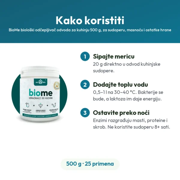 BioMe biološki odčepljivač odvoda za kuhinju 500 g, za sudoperu, masnoću i ostatke hrane